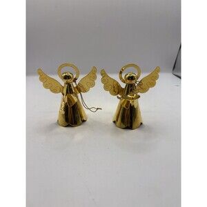 Lot of 2 Angels Christmas Tree Hanging Ornaments Hong Kong Gold Plated On Brass